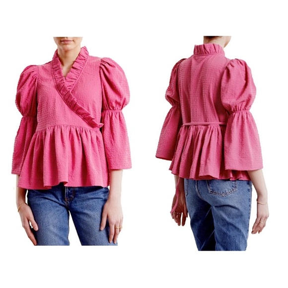 NEW byTiMo Pink Bubble Wrap Crinkled Puffed Shoulder Blouse Size XL - Picture 1 of 9
